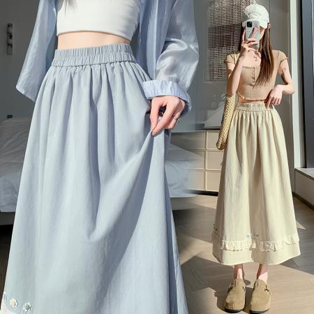 BY13035# 洗水棉半身裙夏季显瘦高腰花朵气质中长款花边裙长裙子 服裝批發女裝批發服飾貨源