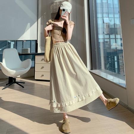 BY13035# 洗水棉半身裙夏季显瘦高腰花朵气质中长款花边裙长裙子 服裝批發女裝批發服飾貨源