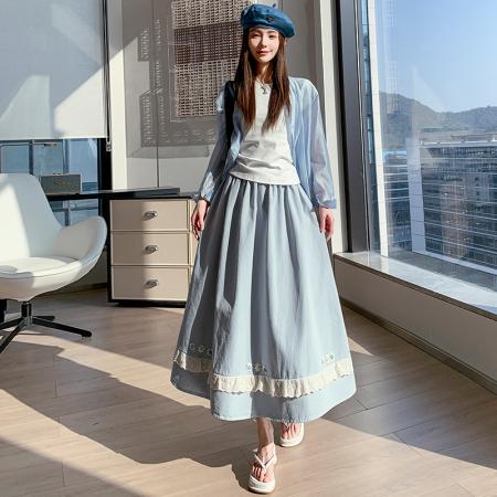 BY13035# 洗水棉半身裙夏季显瘦高腰花朵气质中长款花边裙长裙子 服裝批發女裝批發服飾貨源