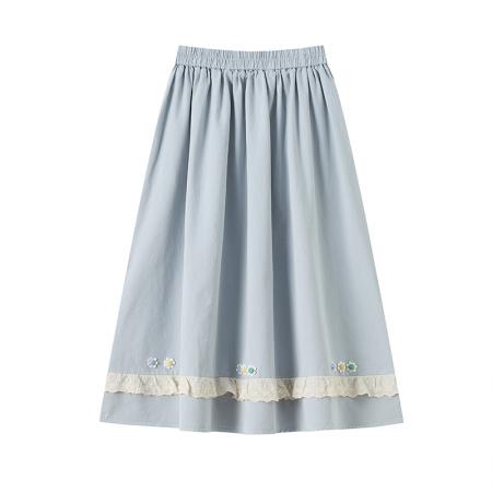 BY13035# 洗水棉半身裙夏季显瘦高腰花朵气质中长款花边裙长裙子 服裝批發女裝批發服飾貨源