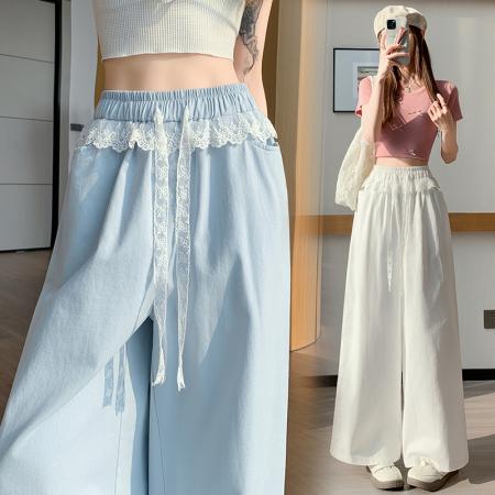 BY13036# 蕾丝拼接洗水棉阔腿裤女夏季新款高腰显瘦慵懒垂感休闲裤 服裝批發女裝批發服飾貨源