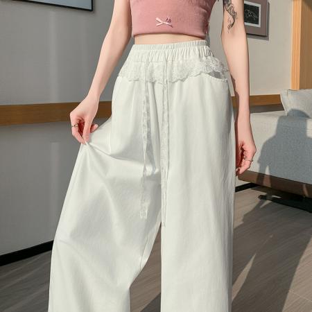 BY13036# 蕾丝拼接洗水棉阔腿裤女夏季新款高腰显瘦慵懒垂感休闲裤 服裝批發女裝批發服飾貨源