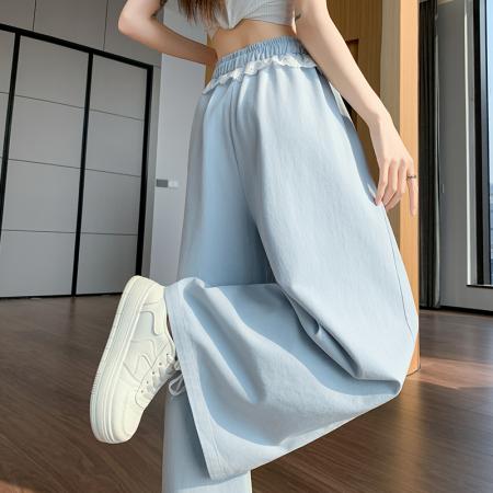 BY13036# 蕾丝拼接洗水棉阔腿裤女夏季新款高腰显瘦慵懒垂感休闲裤 服裝批發女裝批發服飾貨源