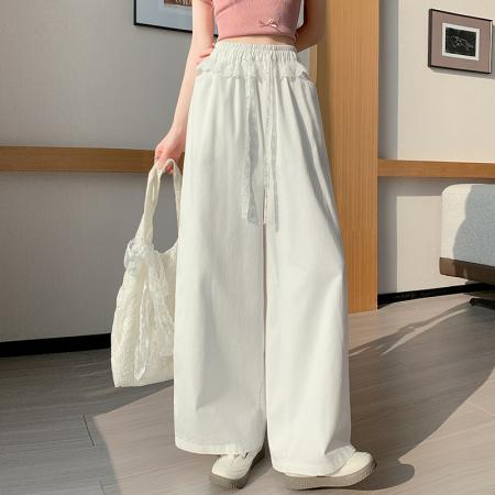 BY13036# 蕾丝拼接洗水棉阔腿裤女夏季新款高腰显瘦慵懒垂感休闲裤 服裝批發女裝批發服飾貨源