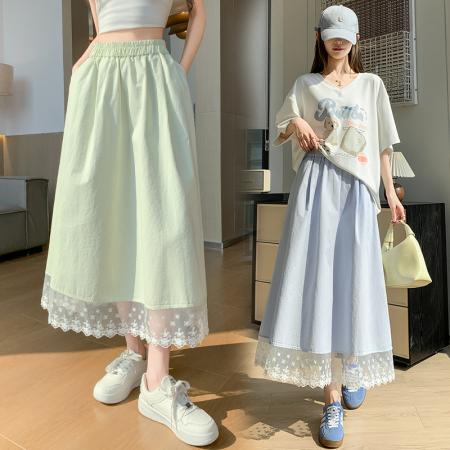BY13037# 洗水棉半身裙夏季显瘦高腰小个子气质中长款花边裙长裙子 服裝批發女裝批發服飾貨源