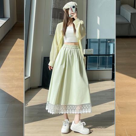 BY13037# 洗水棉半身裙夏季显瘦高腰小个子气质中长款花边裙长裙子 服裝批發女裝批發服飾貨源