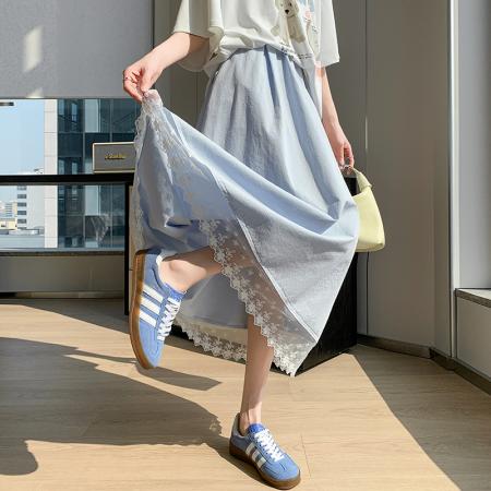 BY13037# 洗水棉半身裙夏季显瘦高腰小个子气质中长款花边裙长裙子 服裝批發女裝批發服飾貨源