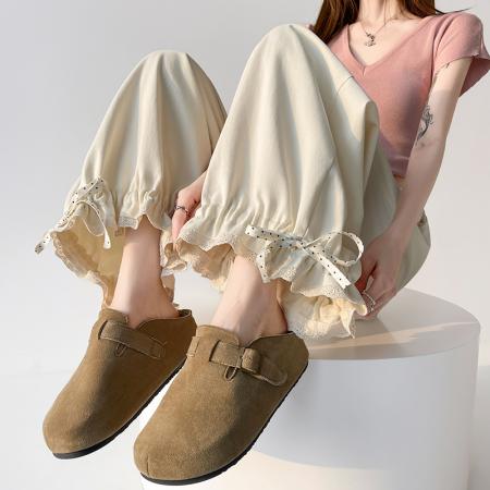 BY13038# 洗水棉阔腿裤女夏季设计感蕾丝高腰九分休闲裤宽松哈伦裤 服裝批發女裝批發服飾貨源