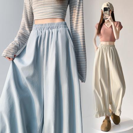 BY13038# 洗水棉阔腿裤女夏季设计感蕾丝高腰九分休闲裤宽松哈伦裤 服裝批發女裝批發服飾貨源