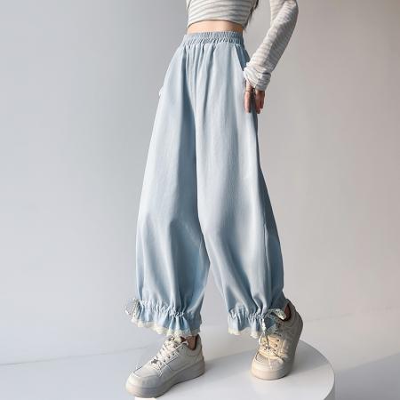 BY13038# 洗水棉阔腿裤女夏季设计感蕾丝高腰九分休闲裤宽松哈伦裤 服裝批發女裝批發服飾貨源