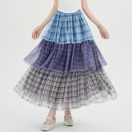 BY13039# 格子拼接花边半身裙女夏季高腰松紧层次感a子蛋糕中长裙 服裝批發女裝批發服飾貨源