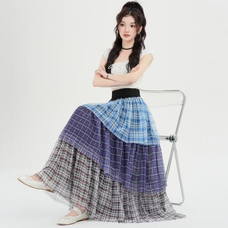 BY13039# 格子拼接花边半身裙女夏季高腰松紧层次感a子蛋糕中长裙 服裝批發女裝批發服飾貨源