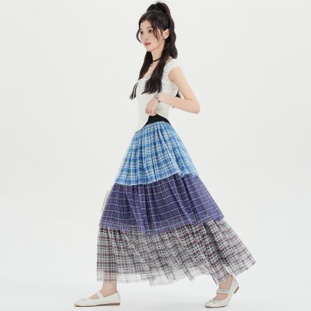 BY13039# 格子拼接花边半身裙女夏季高腰松紧层次感a子蛋糕中长裙 服裝批發女裝批發服飾貨源