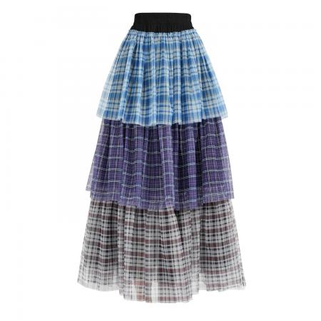 BY13039# 格子拼接花边半身裙女夏季高腰松紧层次感a子蛋糕中长裙 服裝批發女裝批發服飾貨源