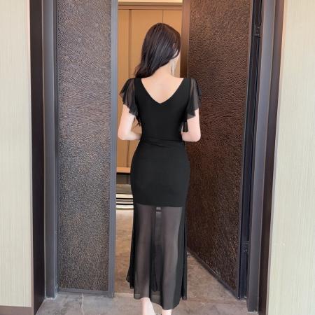 BY13045# 温柔风交叉领网纱连衣裙女修身侧开叉荷叶边约会逛街显瘦裙子 服裝批發女裝批發服飾貨源