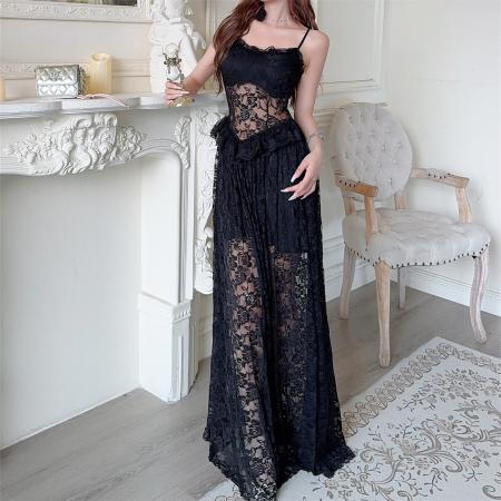 BY13047# 性感暗黑蕾丝连衣裙女修身显瘦层叠荷叶边婚礼约会仙气长裙子 服裝批發女裝批發服飾貨源