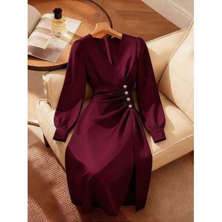 BY13051# 女士时尚优雅纯色V领褶皱收腰开衩设计长袖中长款连衣裙适合约会 服裝批發女裝批發服飾貨源