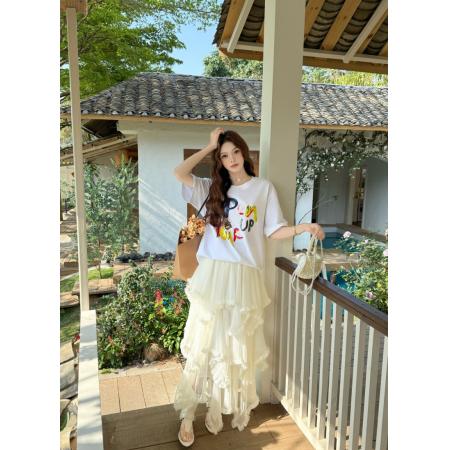 BY13052# 复古字母印花T恤休闲上衣＋网纱拼接设计感不规则蛋糕裙 服裝批發女裝批發服飾貨源