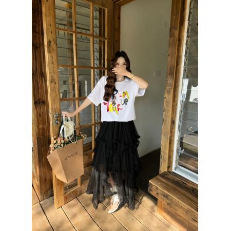 BY13052# 复古字母印花T恤休闲上衣＋网纱拼接设计感不规则蛋糕裙 服裝批發女裝批發服飾貨源