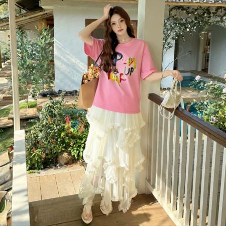 BY13052# 复古字母印花T恤休闲上衣＋网纱拼接设计感不规则蛋糕裙 服裝批發女裝批發服飾貨源