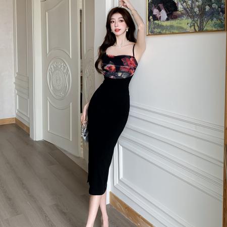 BY13056# 新中式印花拼接抹胸连衣裙女收腰修身吊带包臂气质中长裙 服裝批發女裝批發服飾貨源