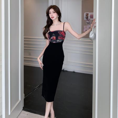 BY13056# 新中式印花拼接抹胸连衣裙女收腰修身吊带包臂气质中长裙 服裝批發女裝批發服飾貨源