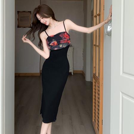 BY13056# 新中式印花拼接抹胸连衣裙女收腰修身吊带包臂气质中长裙 服裝批發女裝批發服飾貨源