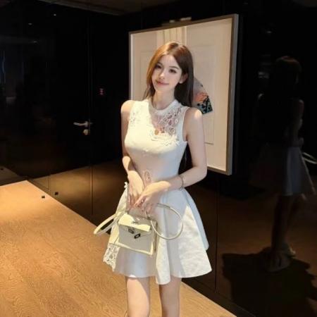 BY13057# 白色蕾丝拼接无袖小香风连衣裙女设计感收腰裙子纯欲风a字裙 服裝批發女裝批發服飾貨源