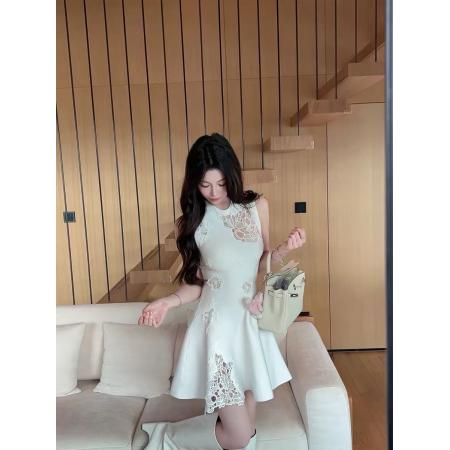 BY13057# 白色蕾丝拼接无袖小香风连衣裙女设计感收腰裙子纯欲风a字裙 服裝批發女裝批發服飾貨源