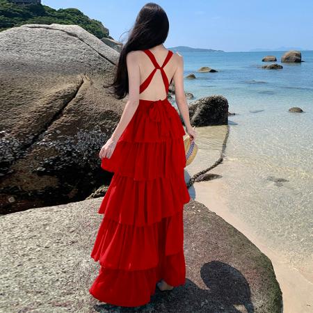 BY13059# 性感海边度假风深V挂脖连衣裙露背绑带蛋糕超仙长裙 服裝批發女裝批發服飾貨源