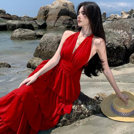 BY13059# 性感海边度假风深V挂脖连衣裙露背绑带蛋糕超仙长裙 服裝批發女裝批發服飾貨源