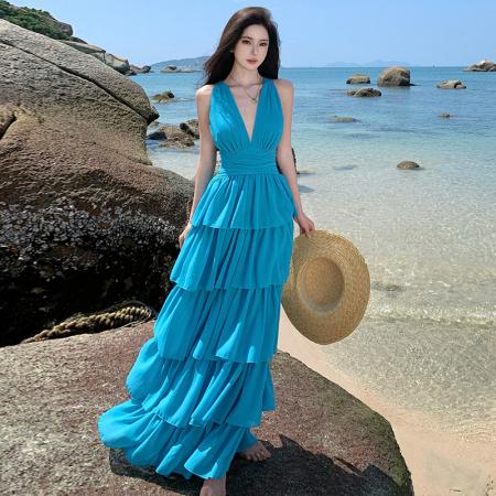 BY13059# 性感海边度假风深V挂脖连衣裙露背绑带蛋糕超仙长裙 服裝批發女裝批發服飾貨源