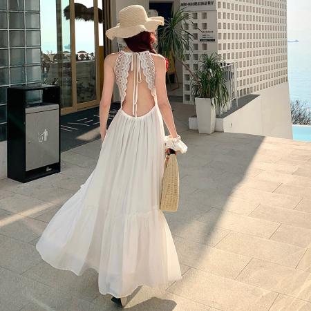 BY13061# 法式白月光挂脖露背连衣裙性感纯欲风白色气质氛围感度假沙滩长裙 服裝批發女裝批發服飾貨源