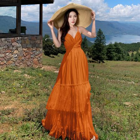 BY13062# 旅拍波西米亚度假蕾丝拼接露背大摆连衣裙度假长裙仙女裙 服裝批發女裝批發服飾貨源