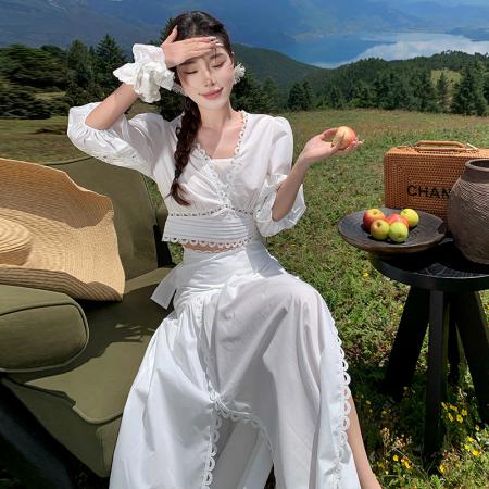 BY13063# 法式时尚气质套装绑带设计感衬衫+白色半身裙 服裝批發女裝批發服飾貨源