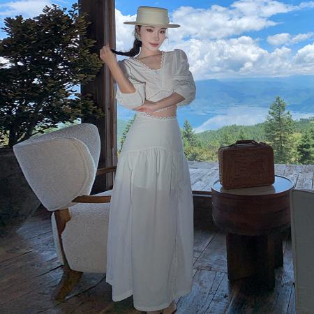 BY13063# 法式时尚气质套装绑带设计感衬衫+白色半身裙 服裝批發女裝批發服飾貨源