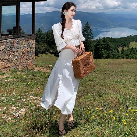 BY13063# 法式时尚气质套装绑带设计感衬衫+白色半身裙 服裝批發女裝批發服飾貨源