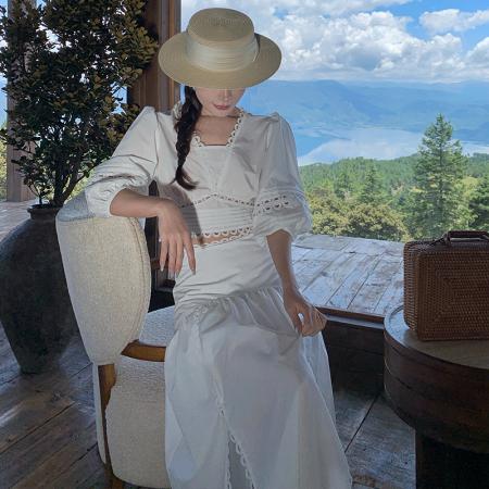 BY13063# 法式时尚气质套装绑带设计感衬衫+白色半身裙 服裝批發女裝批發服飾貨源