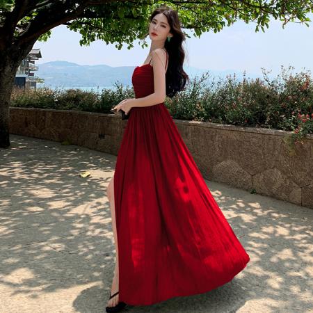 BY13064# 镂空绑带露背吊带连衣裙性感V领收腰镂空海边度假开叉长裙 服裝批發女裝批發服飾貨源