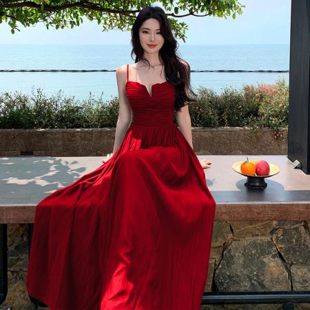 BY13064# 镂空绑带露背吊带连衣裙性感V领收腰镂空海边度假开叉长裙 服裝批發女裝批發服飾貨源