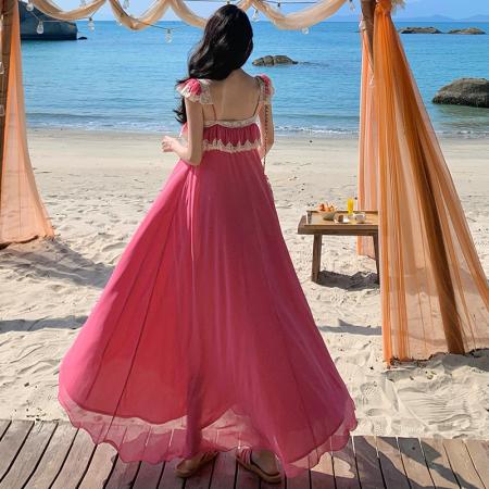 BY13066# 易梦玲同款度假连衣裙气质名媛蕾丝花边大摆长裙 服裝批發女裝批發服飾貨源