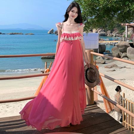 BY13066# 易梦玲同款度假连衣裙气质名媛蕾丝花边大摆长裙 服裝批發女裝批發服飾貨源