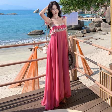 BY13066# 易梦玲同款度假连衣裙气质名媛蕾丝花边大摆长裙 服裝批發女裝批發服飾貨源