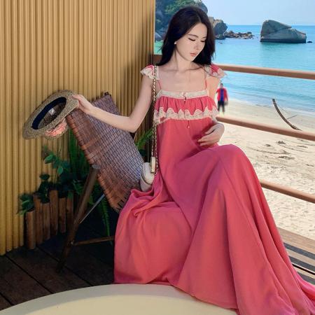 BY13066# 易梦玲同款度假连衣裙气质名媛蕾丝花边大摆长裙 服裝批發女裝批發服飾貨源