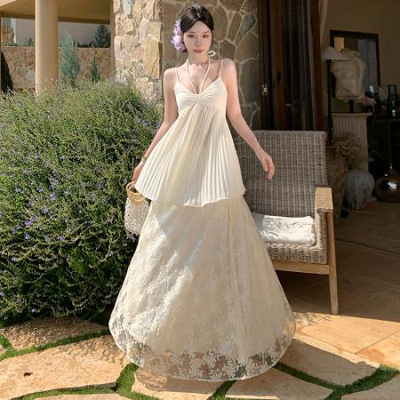 BY13067# 法式雪纺吊带套装绝美度假风网纱刺绣长裙 服裝批發女裝批發服飾貨源