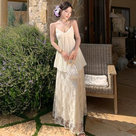BY13067# 法式雪纺吊带套装绝美度假风网纱刺绣长裙 服裝批發女裝批發服飾貨源
