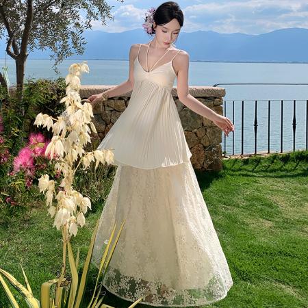 BY13067# 法式雪纺吊带套装绝美度假风网纱刺绣长裙 服裝批發女裝批發服飾貨源