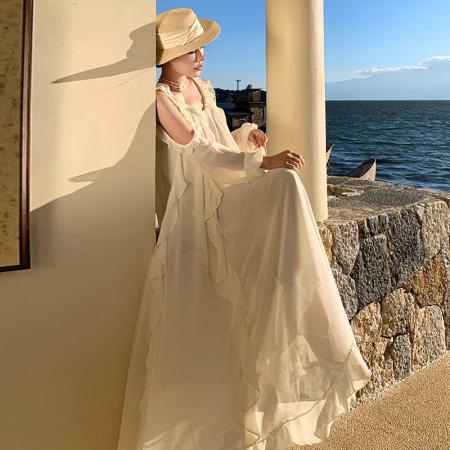 BY13068# 法式高级感露肩长袖荷叶边连衣裙宽松显瘦仙女长裙 服裝批發女裝批發服飾貨源