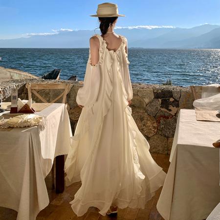 BY13068# 法式高级感露肩长袖荷叶边连衣裙宽松显瘦仙女长裙 服裝批發女裝批發服飾貨源