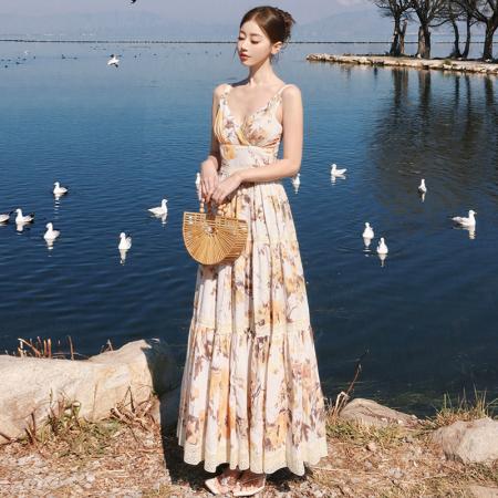 BY13069# 度假风V领收腰显瘦蕾丝油画印花吊带连衣裙长裙 服裝批發女裝批發服飾貨源